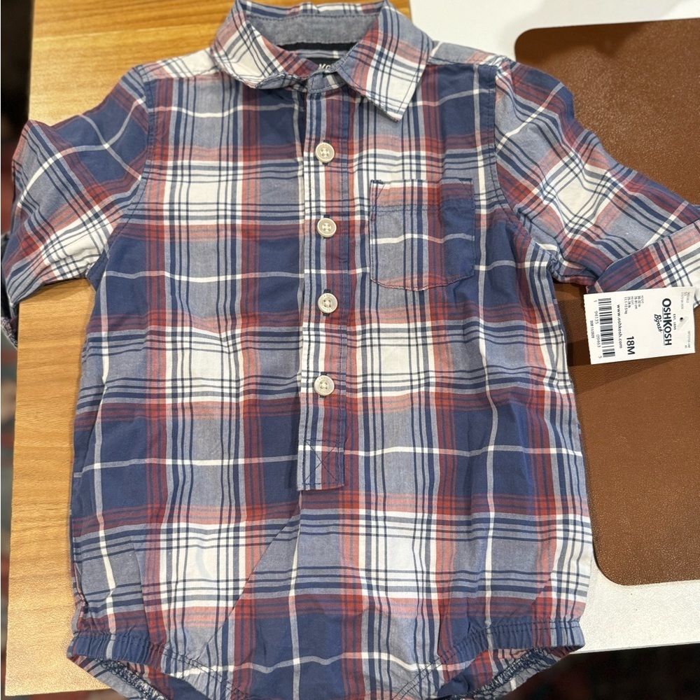 OshKosh B’gosh 18M button up plaid onesie shirt, brand new with tags - Picture 2 of 5